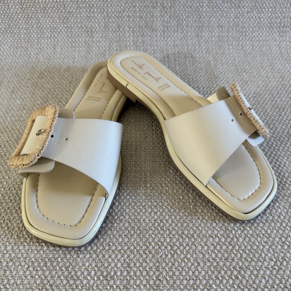 Mila Paoli Women's Size 8 Cream Single Leather One Band Sandal with Buckle